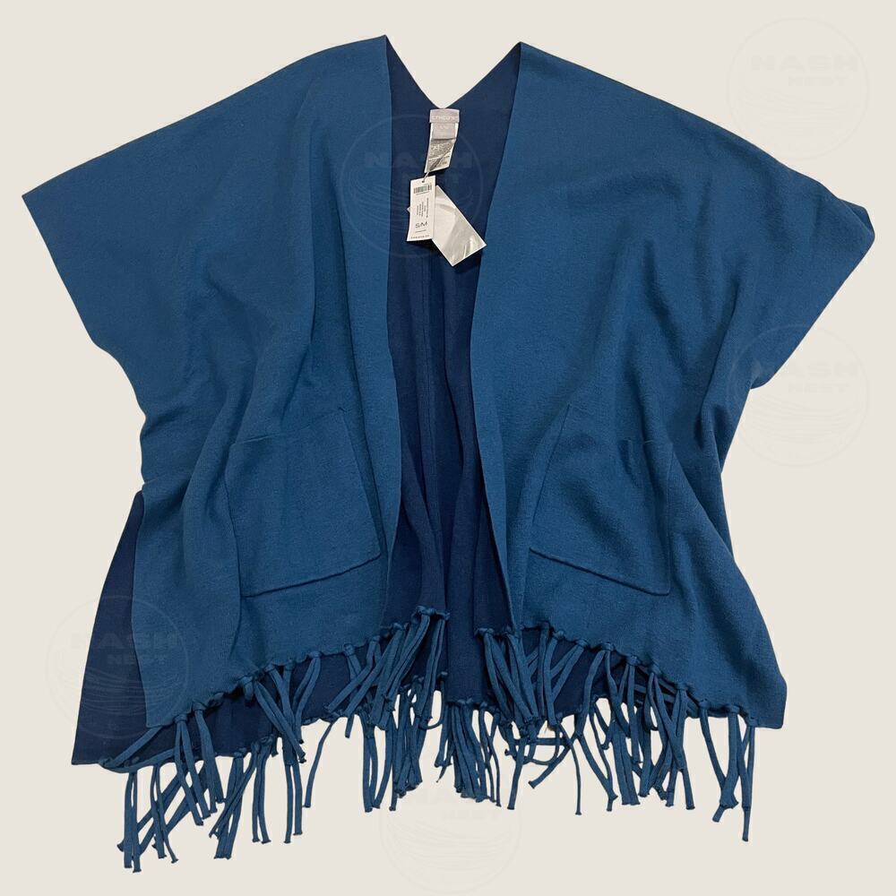 Chico’s Reversible Blue Fringe Wrap Sweater | S/M Cozy Fall Layer Poncho NWT